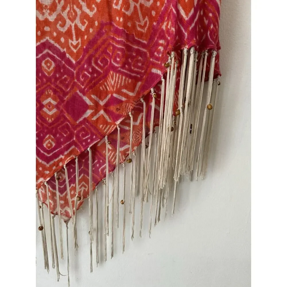 Chico's Phoebe Poncho Linen Semi Sheer Beaded Fringe Southwestern Cowgirl Sz OS - Picture 4 of 7